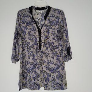 Jaclyn Smith, M, silver and blue paisley shirt